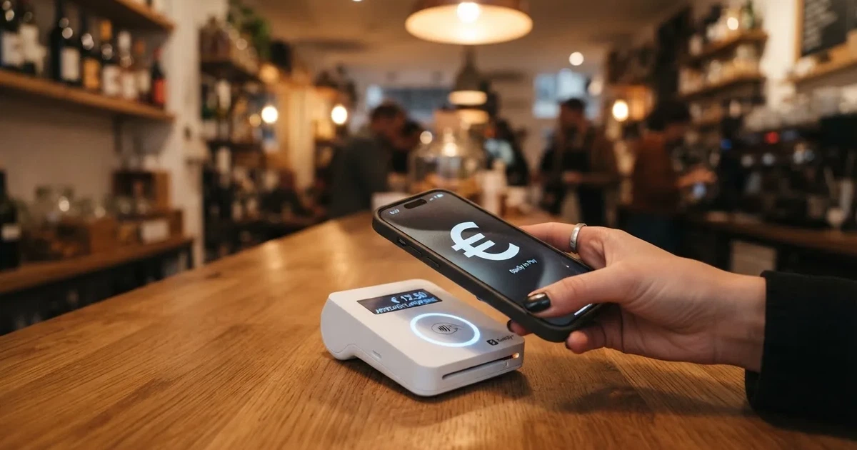 Nahaufnahme einer Hand, die ein Smartphone nahe an ein kontaktloses Zahlungsterminal in einem Geschäft hält.